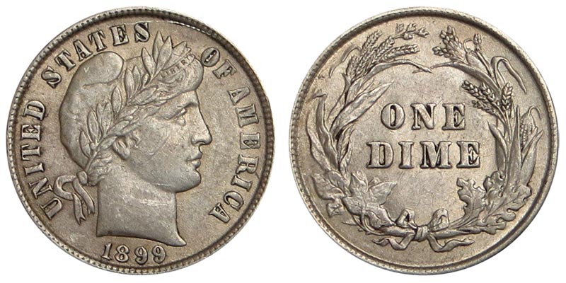 1899 Barber Dime obverse and reverse showing Liberty head design and ONE DIME reverse wreath