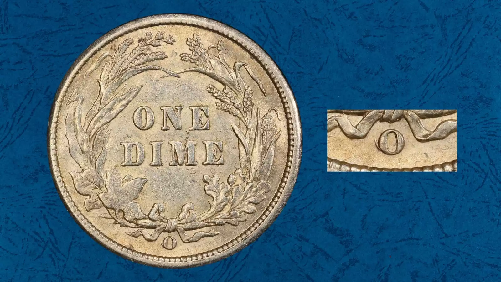 1899-O Barber Dime RPM FS-501 close-up showing secondary O mint mark impression offset north of primary