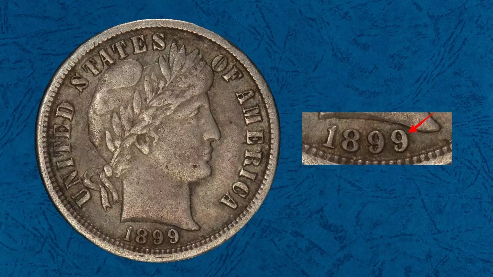 1899-O Barber Dime RPD FS-301 close-up of date area showing secondary digit impressions beneath primary date