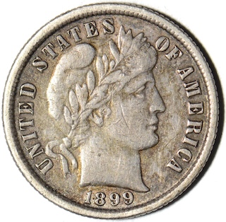 1899 Proof Barber Dime showing deep mirror fields and cameo frosted Liberty portrait in high contrast