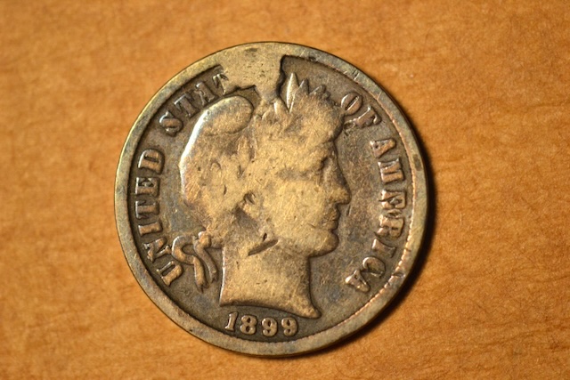 1899 Barber Dime broadstrike error with expanded diameter and spread design from striking without collar restraint