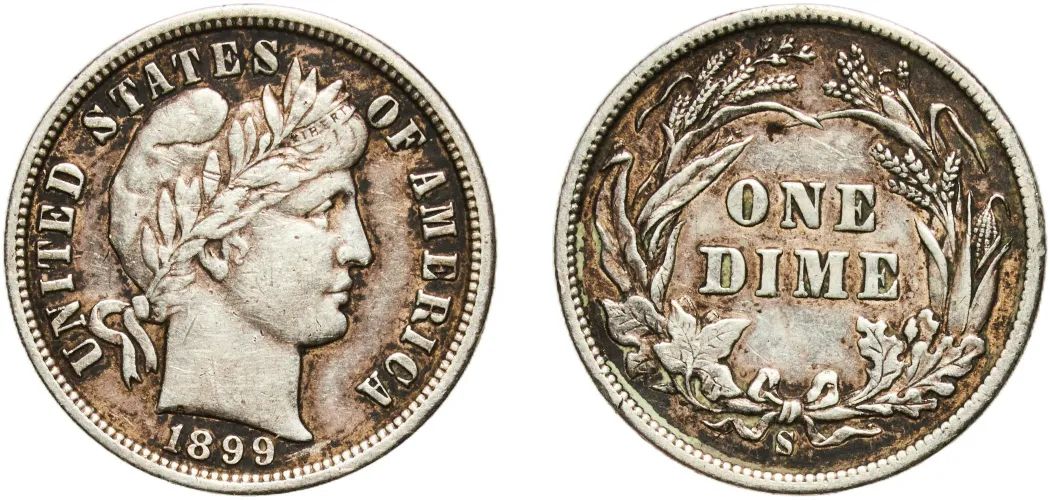 Historical photograph of the New Orleans Mint facility and group of 1899 Barber Dimes from Philadelphia, New Orleans, and San Francisco mints