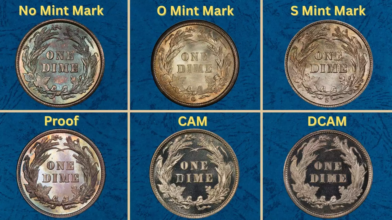 1899 Barber Dime grading strip showing four condition tiers from Good through Mint State MS65 side by side